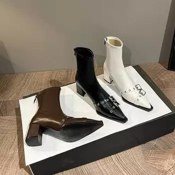 Осенняя и зимняя обувь больших размеров, удобные остроносые ботинки на толстом каблуке, женские ботинки с пряжкой на ремне в стиле ретро 35 белый