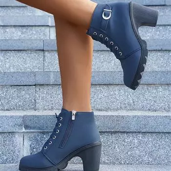 Осенняя и зимняя обувь больших размеров, удобные, с круглым носком, на высоком толстом каблуке, с боковой молнией, короткие женские туфли и ботинки 35 чёрный