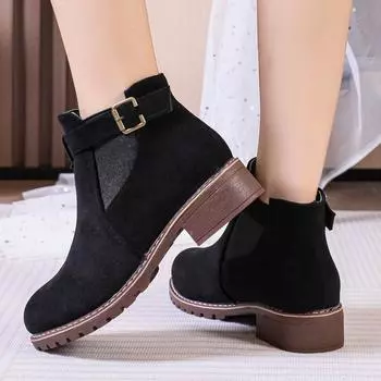 Осенняя и зимняя обувь больших размеров с толстой подошвой, короткие туфли на толстом каблуке, ретро-сапоги с пряжкой на ремне, женские ботинки, женская обувь 35 чёрный