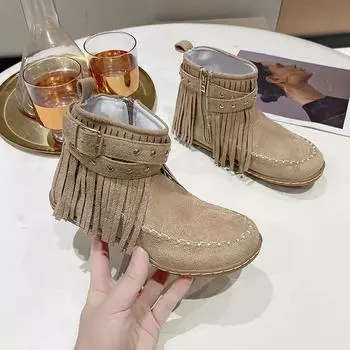 Осенняя и зимняя обувь больших размеров, удобные женские ботинки с плоской подошвой, бахромой и молнией сбоку 36 хаки