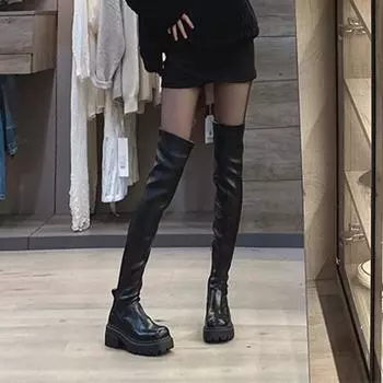 Осенняя и зимняя обувь больших размеров, удобные женские сапоги до колена на толстой подошве, длинные эластичные сапоги 35 чёрный