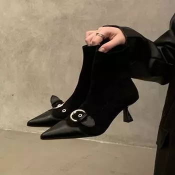 Осенняя и зимняя обувь больших размеров, удобные остроносые ботильоны, женские сапоги на высоком каблуке в стиле ретро 35 чёрный