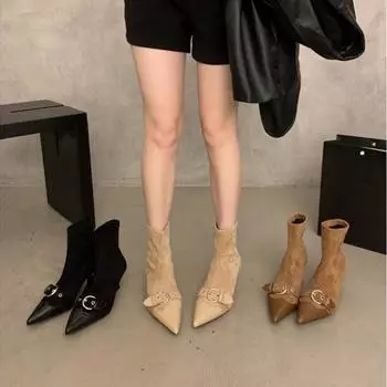 Осенняя и зимняя обувь больших размеров, удобные остроносые ботильоны, женские сапоги на высоком каблуке в стиле ретро 35 чёрный