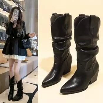 Осенняя и зимняя обувь больших размеров, удобные, на толстой подошве, с толстым каблуком и острым носком, женские сапоги на высоком каблуке 35 чёрный