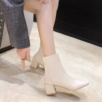 Осенняя и зимняя обувь больших размеров с квадратным носком и высоким каблуком, с толстой пяткой и молнией сзади, женские ботинки и туфли 35 чёрный