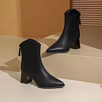Осенняя и зимняя обувь больших размеров, удобные женские сапоги на толстой подошве с острым носком и высоким каблуком 35 чёрный