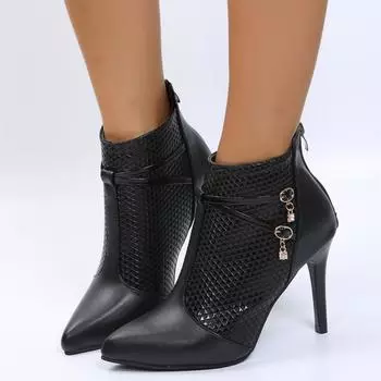 Осенняя и зимняя обувь больших размеров, удобные женские ботинки на высоком каблуке, короткие, с тонким каблуком, с заостренным носком и молнией сзади 35 чёрный