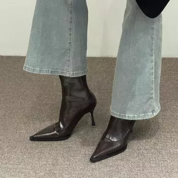 Осенняя и зимняя обувь больших размеров, удобные женские сапоги на шпильках и высоком каблуке с острым носком, на молнии, короткие женские сапоги-трубы 35 чёрный