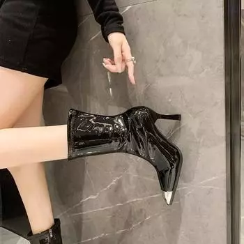 Осенняя и зимняя обувь больших размеров, удобные лакированные ботильоны, женские сапоги на высоком каблуке-шпильке с острым носком 35 чёрный