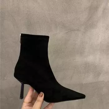 Осенняя и зимняя обувь больших размеров, удобные женские сапоги на шпильках, с острым носком и короткими рукавами 35 чёрный