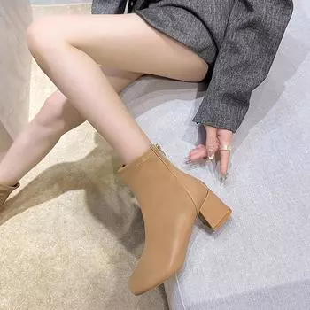 Осенняя и зимняя обувь больших размеров с квадратным носком и высоким каблуком, с толстой пяткой и молнией сзади, женские ботинки и туфли 35 чёрный