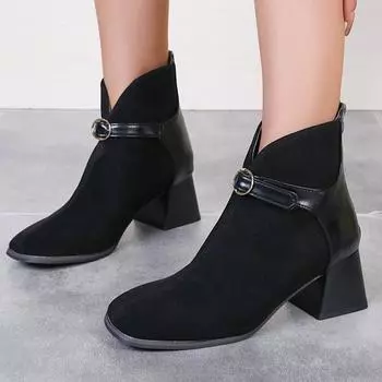 Осенняя и зимняя обувь большого размера с коротким ремнем-трубой и квадратной пряжкой, женские туфли и ботинки 35 чёрный