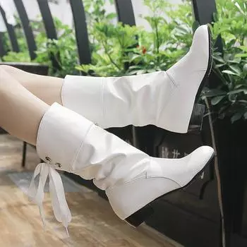 Осенняя и зимняя обувь большого размера на низком каблуке с круглым носком на шнуровке женские туфли и ботинки средней длины 36 белый