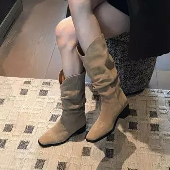 Осенняя и зимняя обувь Длинные туфли-трубы в стиле ретро с квадратной головкой и толстым каблуком, удобные складные ботинки больших размеров для женщин 35 хаки