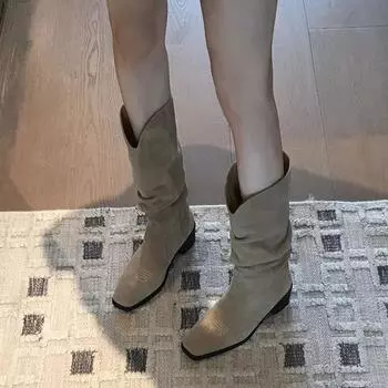 Осенняя и зимняя обувь Длинные туфли-трубы в стиле ретро с квадратной головкой и толстым каблуком, удобные складные ботинки больших размеров для женщин 35 хаки