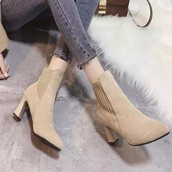 Осенняя и зимняя обувь Удобные короткие сапоги Тонкие сапоги Остроносые женские сапоги Матовые высокие каблуки. 35 чёрный