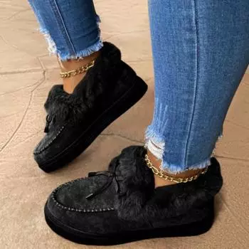 Осенняя и зимняя обувь Удобные теплые туфли и ботинки с круглым носком и плоским дном больших размеров для женщин 36 чёрный
