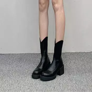 Осенняя и зимняя обувь Удобные женские сапоги на высоком каблуке Короткие каблуки Толстая подошва и большой размер 35 чёрный