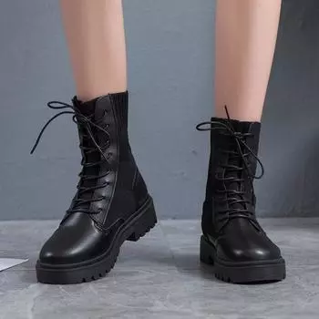 Осенняя и зимняя обувь Вязаные удобные стеганые мотоциклетные ботинки Летающие эластичные женские ботинки на шнуровке 35 чёрный