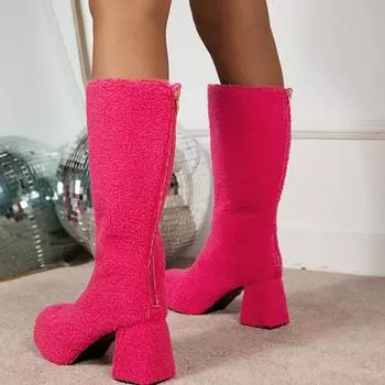 Осенняя и зимняя обувь. Высокие сапоги больших размеров с закругленной головкой и толстым каблуком, эластичные ботинки ниже колена, женские ботинки. 36 красный