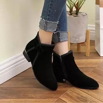 Осенняя и зимняя обувь Женская обувь на толстом каблуке большого размера с острым средним каблуком и короткими трубками и толстым каблуком 35 чёрный