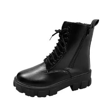 Осенняя и зимняя обувь женские ботинки с удобным толстым дном, боковой молнией, круглым носком и толстым каблуком 35 чёрный