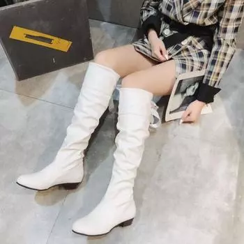Осенняя и зимняя обувь. Женские высокие сапоги больших размеров. Сапоги на плоской подошве. 35 белый