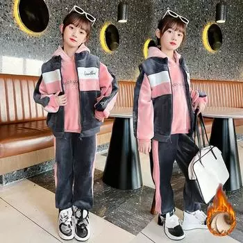 Осенняя и зимняя одежда для девочек, костюм из золотого бархата, детская спортивная одежда, костюм-тройка для девочек 160 розовый