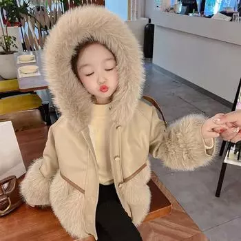 Осенняя и зимняя одежда для девочек Пальто зимнее детское модное кожаное пальто на флисовой подкладке для маленьких девочек с мехом 140 хаки