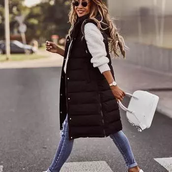 Осенняя и зимняя одежда, толстые женские зимние пальто большого размера без рукавов, уличная хипстерская женская куртка с капюшоном XL чёрный