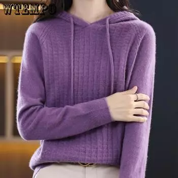 Осенняя и зимняя одежда Трикотаж больших размеров Женский свободный свитер с капюшоном Однотонный повседневный пуловер Трикотаж с длинными рукавами S зелёный