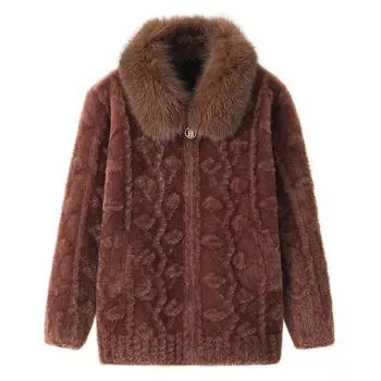 Осенняя и зимняя одежда Женская шуба из искусственной норки Короткое пальто Большой меховой воротник Одежда для пожилых людей Утолщенный верх XXXXL коричневый