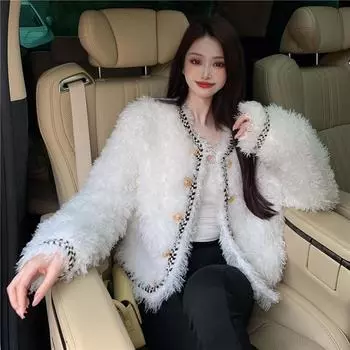 Осенняя и зимняя женская одежда маленькая ароматная знаменитость Мао Мао маленькая ароматная куртка пальто короткая шуба молодая M белый