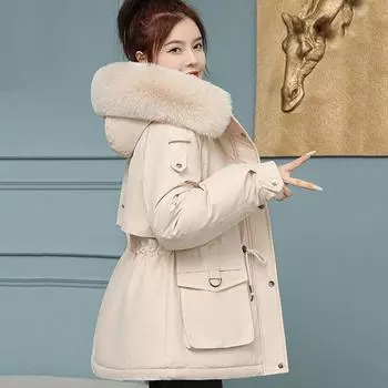 Осенняя и зимняя женская одежда с толстым бархатом, преодолевая большой меховой воротник, утягивающая и стройнящая хлопковая куртка, модная повседневная пуховая куртка XXXL белый