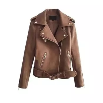Осенняя искусственная замша женская мотоциклетная куртка искусственная кожа куртка женская байкерская куртка тонкая ПУ пальто XL коричневый