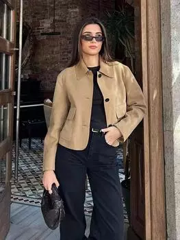 Осенняя искусственная замша женские куртки отложной воротник однобортные с коротким рукавом карманы женские пальто женская верхняя одежда M верблюд