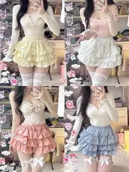 Осенняя кавайная мини-юбка Wood Ear, летняя японская милая юбка-торт с высокой талией, повседневная короткая юбка А-силуэта, уличная одежда S белый