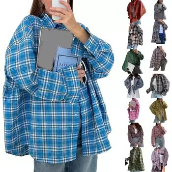 Осенняя клетчатая блузка с длинным рукавом и карманом, повседневная рубашка с длинным рукавом, верхняя куртка M чёрный