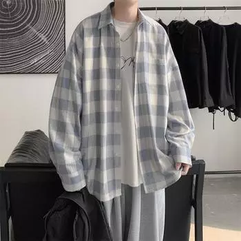 Осенняя клетчатая рубашка мужская с длинными рукавами в стиле Гонконга, классная повседневная рубашка M чёрный