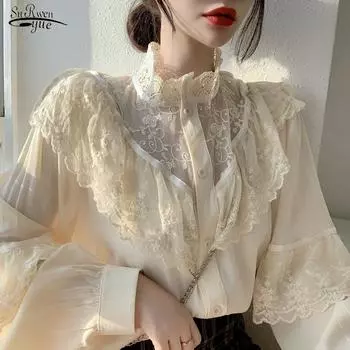 Осенняя корейская милая свободная одежда на шнуровке с рюшами женские блузки модные женские топы с воротником-стойкой винтажные кружевные рубашки женские 11335 S белый