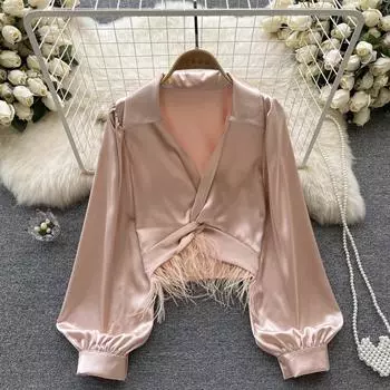 Осенняя корейская модная атласная дизайнерская рубашка с длинными рукавами и кисточками, с короткими рукавами и пупком