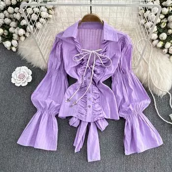 Осенняя корейская версия нежного ветра с квадратным воротником, рюшами и рукавами на талии, рубашка с завязками на талии, короткий топ в западном стиле