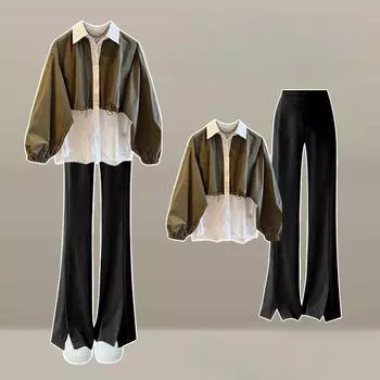 Осенняя корейская версия Niche Design Sense Fake из двух частей рубашки с высокой талией и разрезами, брючный костюм с микроотворотами для женщин XXXXL чёрный