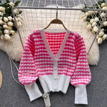 Осенняя корейская версия однобортного трикотажного кардигана с v-образным вырезом и полосками в полоску с короткими абзацами
