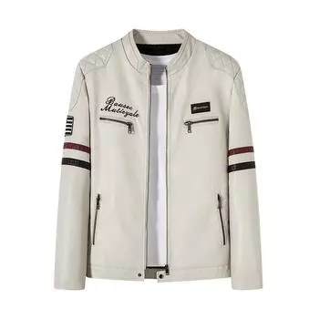 Осенняя корейская версия подходит из искусственной кожи, мужская тонкая бархатная молодежная мотоциклетная повседневная куртка L грязно-белый