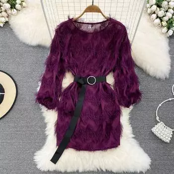 Осенняя корейская версия ретро-темперамента, сексуальная юбка с круглым воротником и поясом, тонкие волосы, бахрома One Size синий