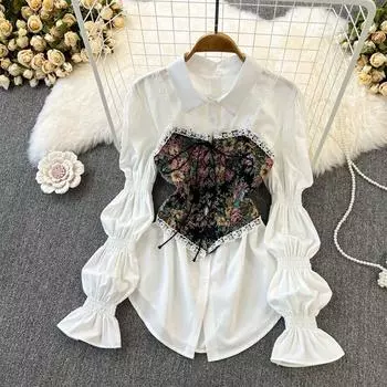 Осенняя корейская версия, ретро-узор, жилет с ремнем, жилет, рубашка с длинными рукавами и рогами, две части