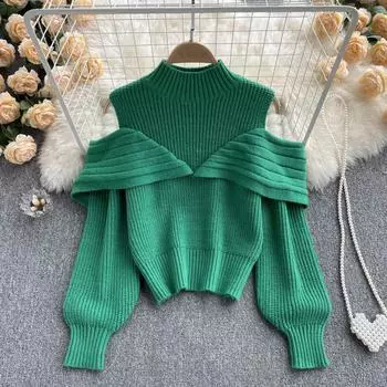 Осенняя корейская версия ретро-воротника с тщательно продуманным дизайном без бретелек с рукавами-фонариками и вязаным свитером