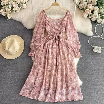 Осенняя корейская версия шифонового платья с квадратным воротником и талией с длинными рукавами. Элегантное темпераментное шифоновое платье.