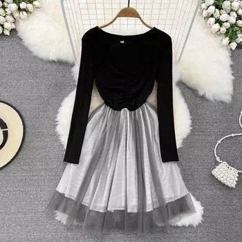 Осенняя корейская версия, темпераментное ретро-платье с длинными рукавами и v-образным вырезом, лоскутное цветное платье с талией, утягивающее марлевое платье